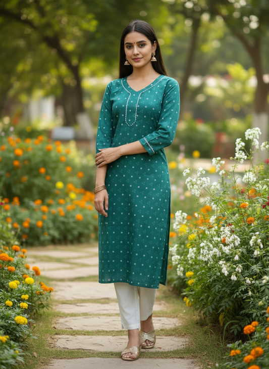 Emerald Green Printed Cotton V-Neck Kurta