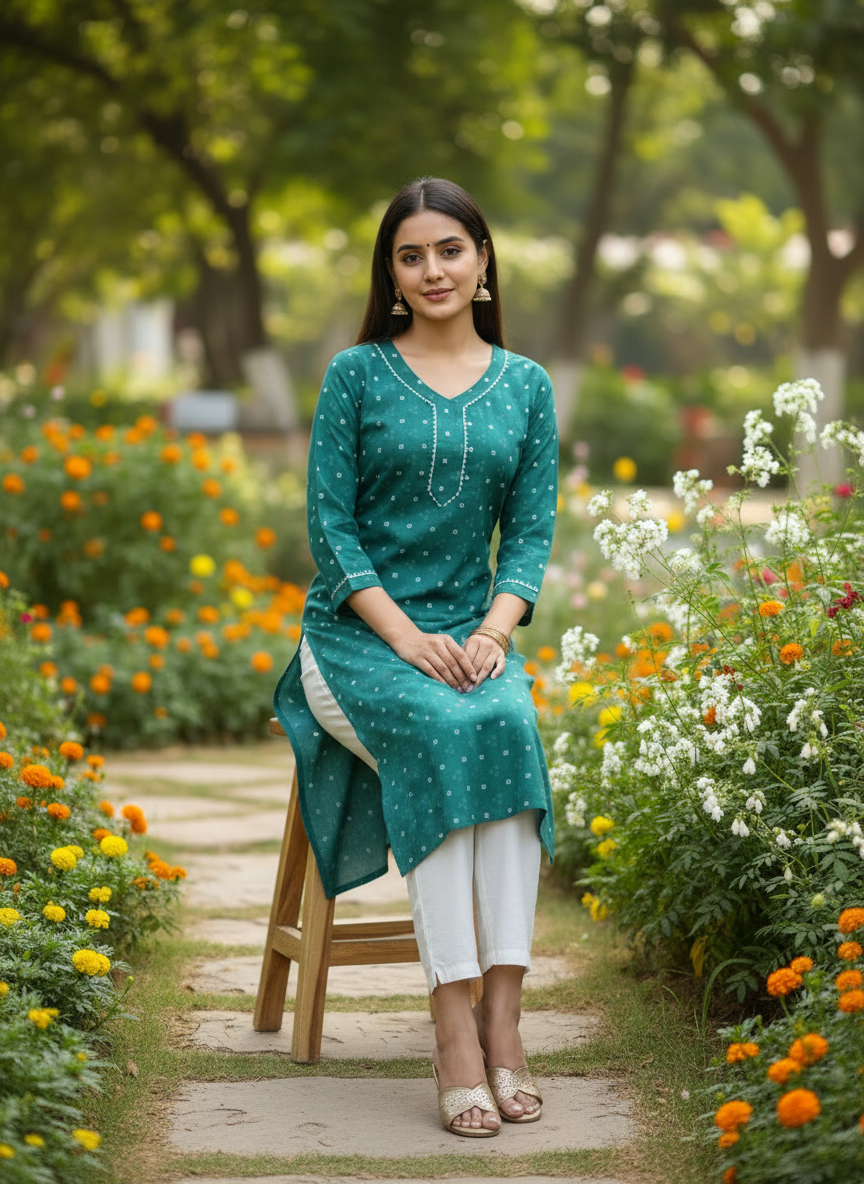 Emerald Green Printed Cotton V-Neck Kurta