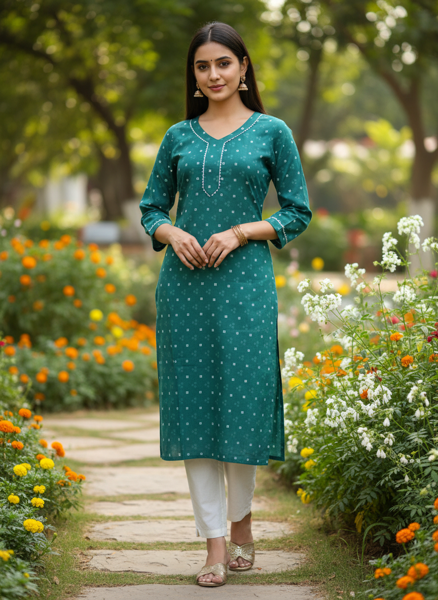 Emerald Green Printed Cotton V-Neck Kurta