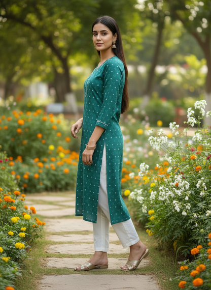 Emerald Green Printed Cotton V-Neck Kurta