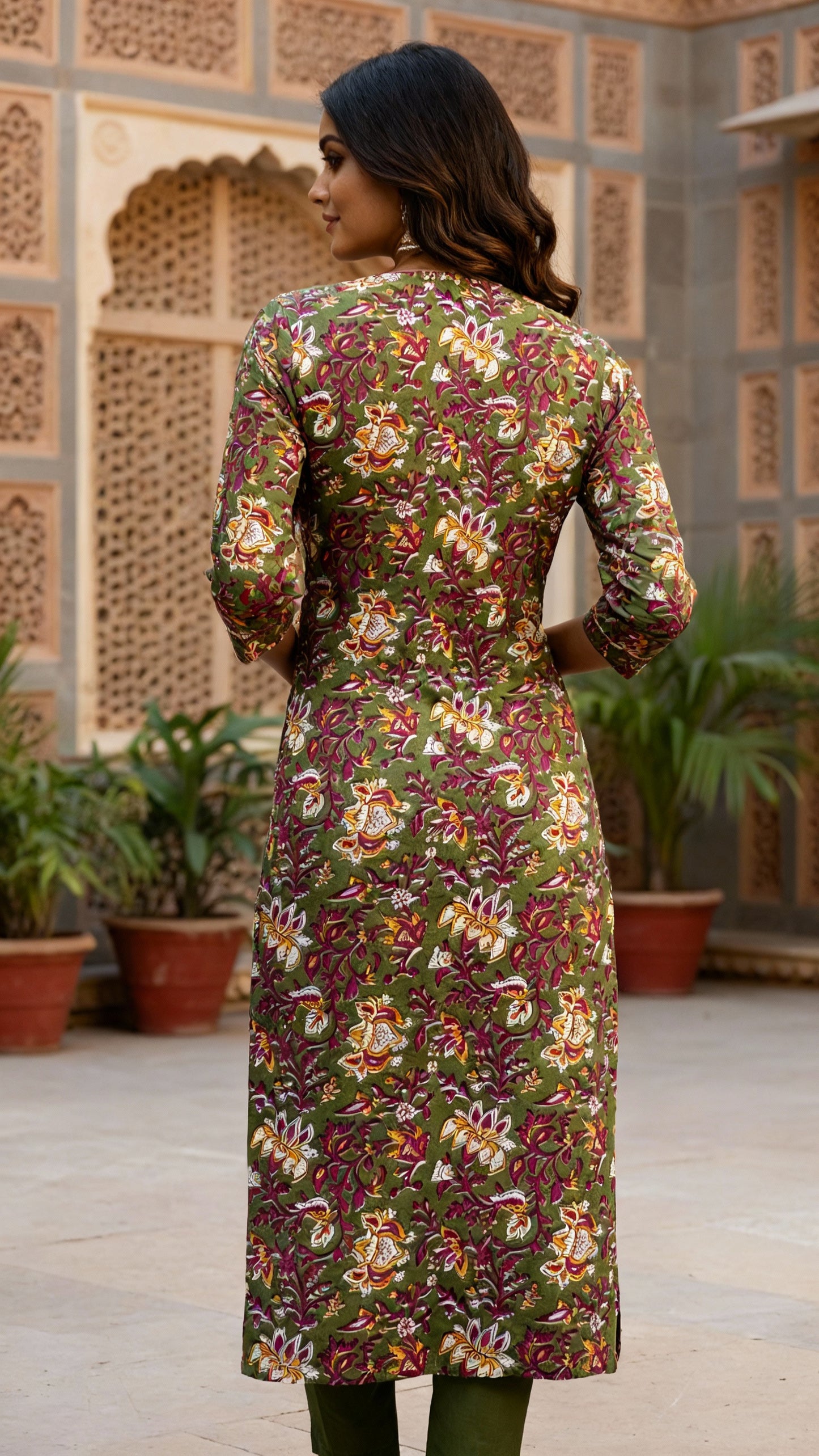 Olive Green Floral Cotton Kurta