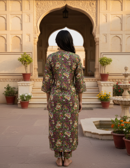 Olive Green Floral Cotton Kurta