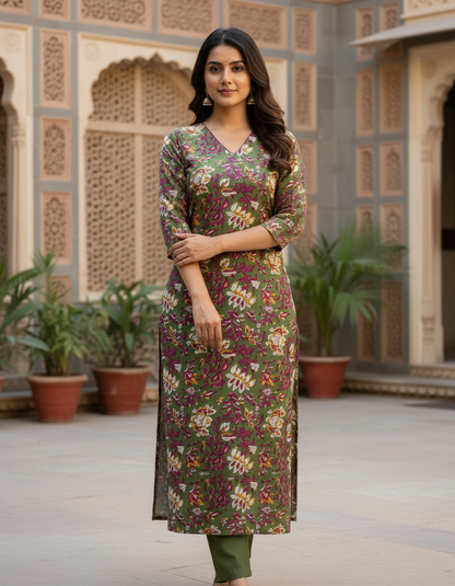 Olive Green Floral Cotton Kurta