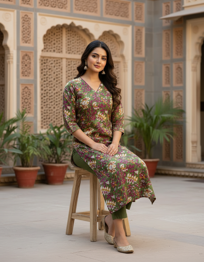 Olive Green Floral Cotton Kurta