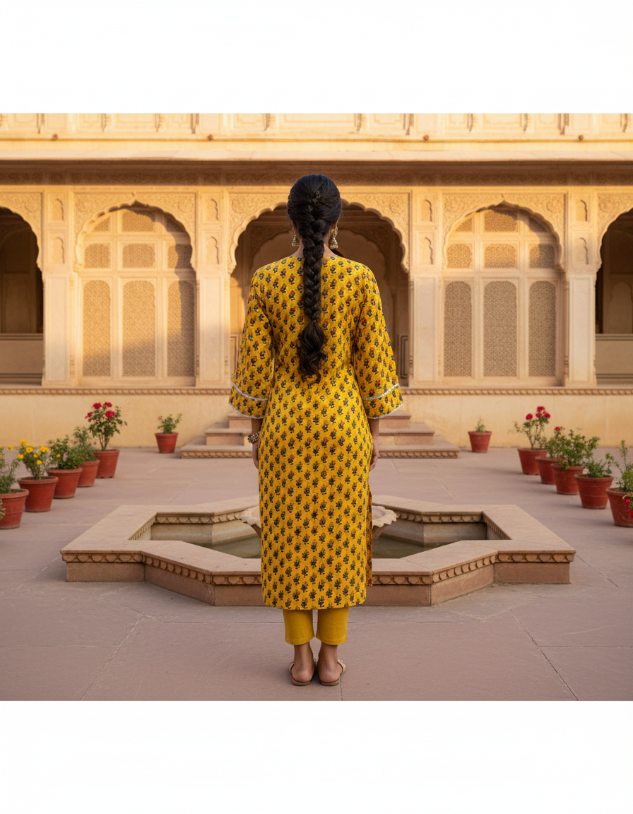 Mustard Block Print Cotton Kurta