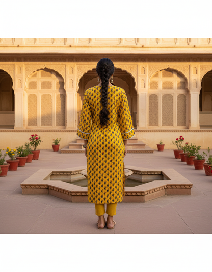 Mustard Block Print Cotton Kurta