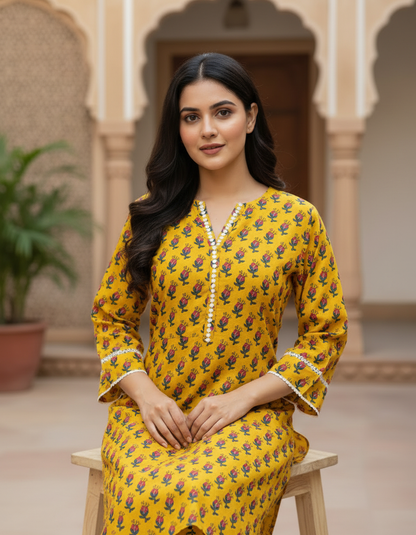 Mustard Block Print Cotton Kurta