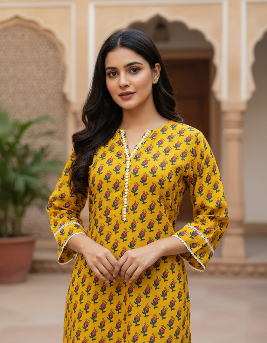 Mustard Block Print Cotton Kurta