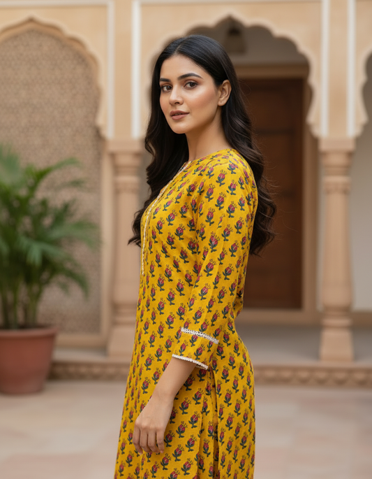 Mustard Block Print Cotton Kurta