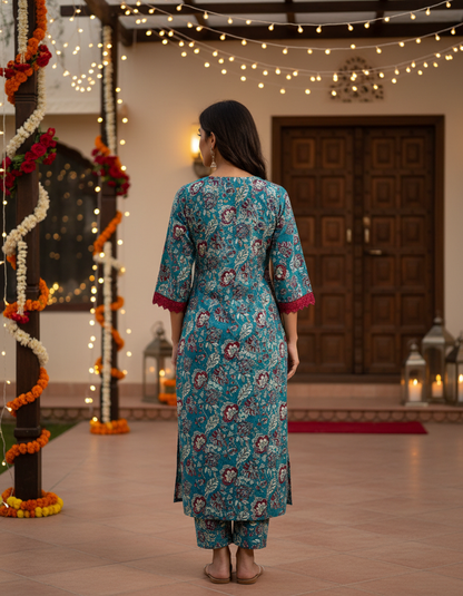 Teal Floral Cotton Kurta with Pink Trim