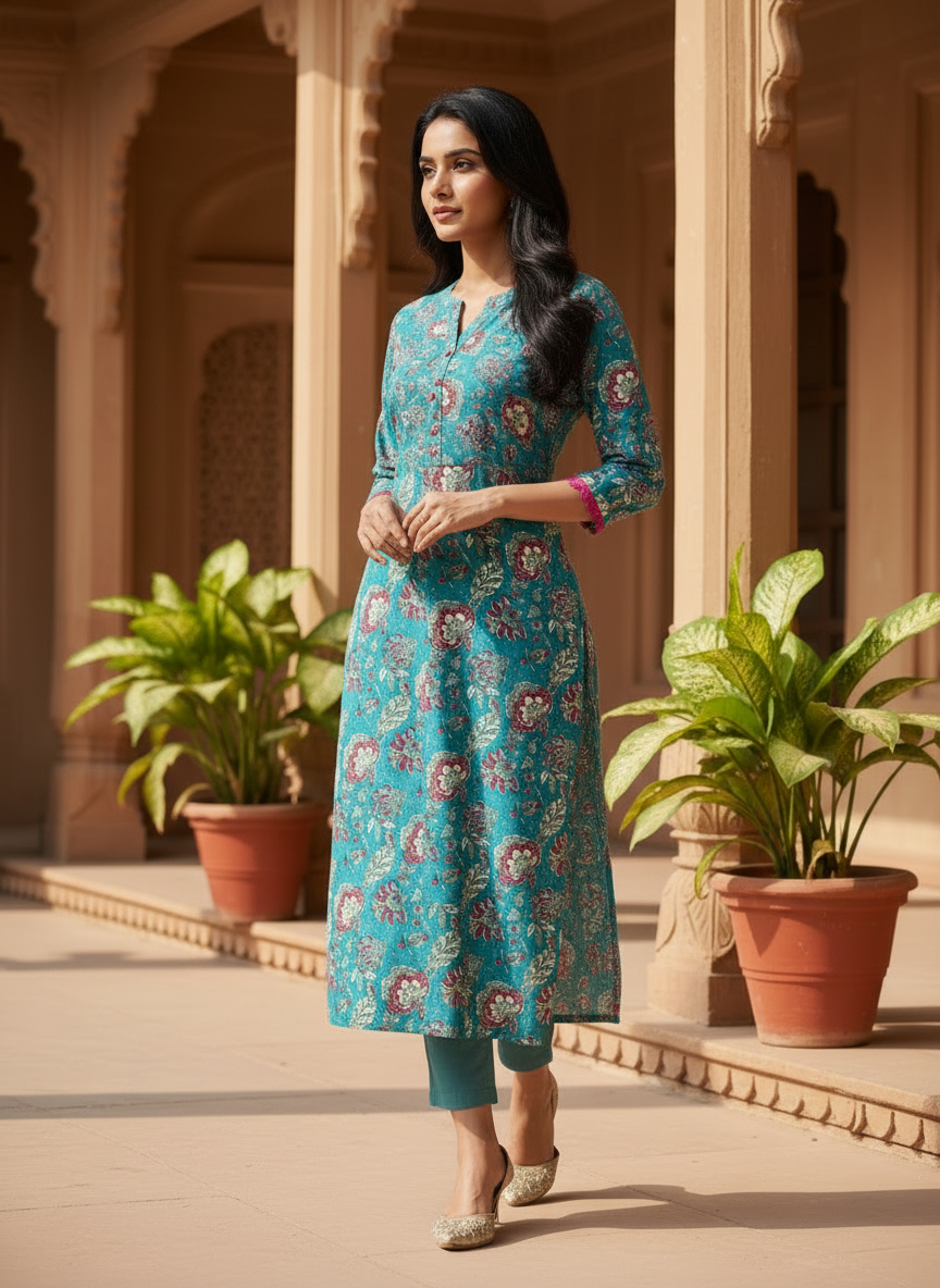 Teal Floral Cotton Kurta with Pink Trim