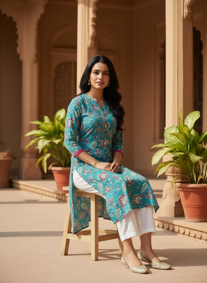 Teal Floral Cotton Kurta with Pink Trim