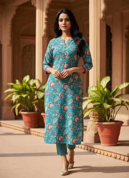 Teal Floral Cotton Kurta with Pink Trim
