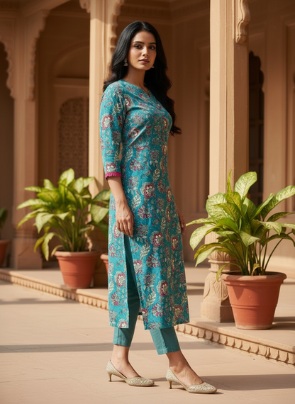 Teal Floral Cotton Kurta with Pink Trim