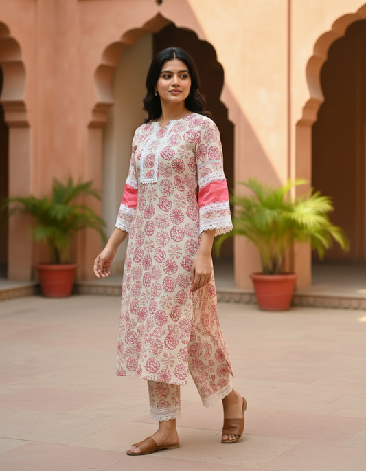 Elegant Pink Floral Print Cotton Kurta with Lace Detailing