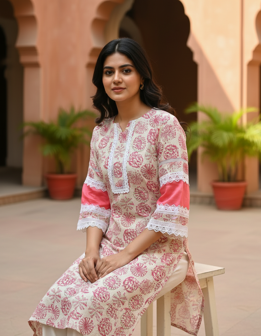 Elegant Pink Floral Print Cotton Kurta with Lace Detailing