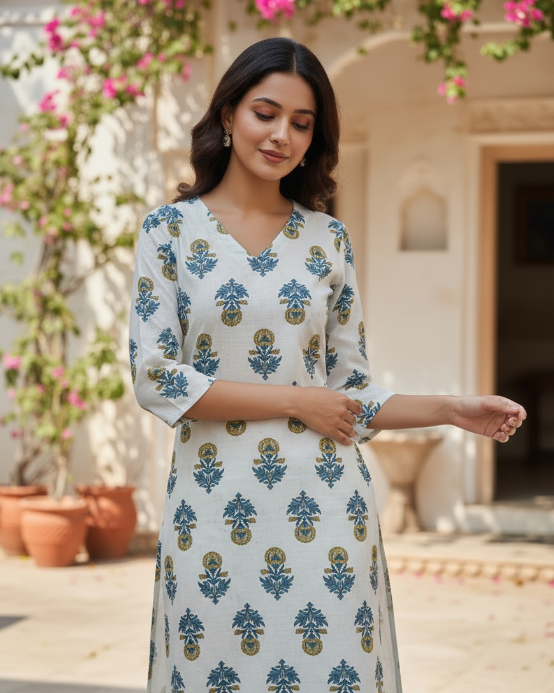 Block Print Cotton V-Neck A-Line Kurta