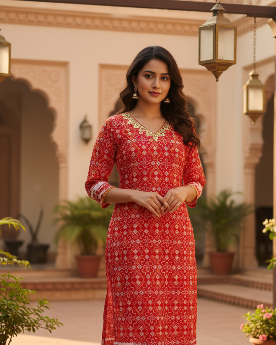 Red Printed Straight Cotton Festive Kurta