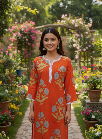 Block Print Cotton Orange Kurta with Lace