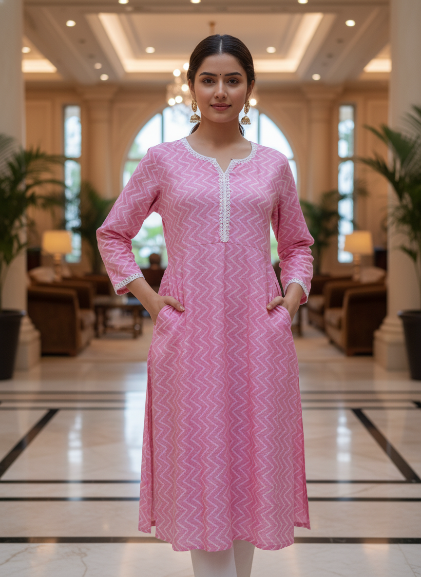 Chic Pink Zig-Zag Cotton Kurta
