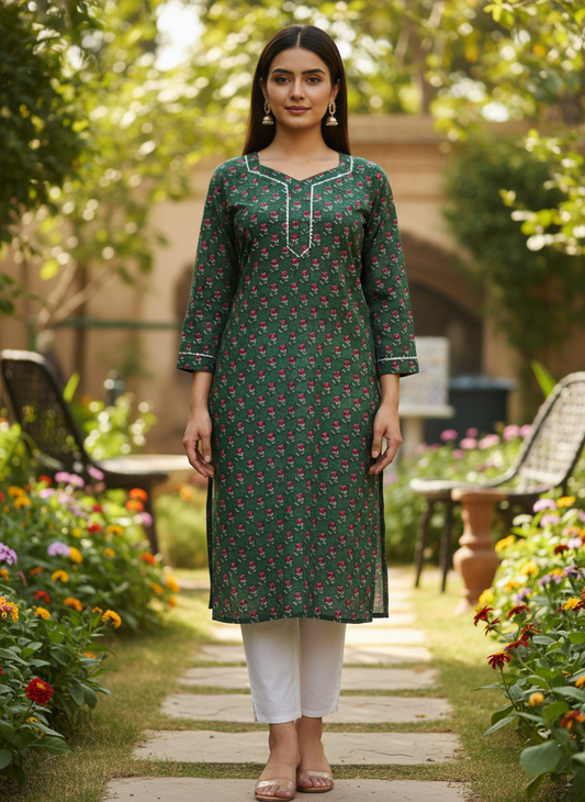 Emerald Green Floral Block Print Cotton Kurta