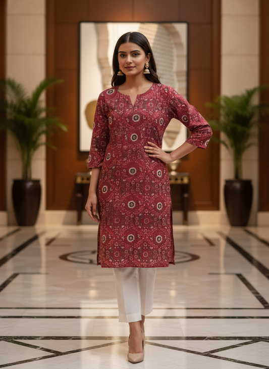 Crimson Cotton Ikat Print Straight Kurta