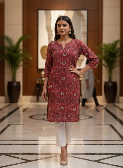Crimson Cotton Ikat Print Straight Kurta