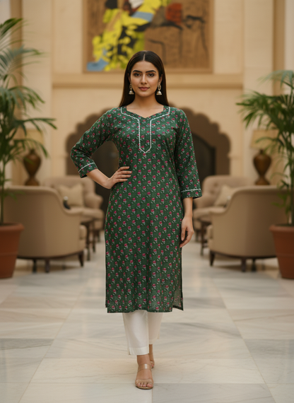 Emerald Green Floral Block Print Cotton Kurta
