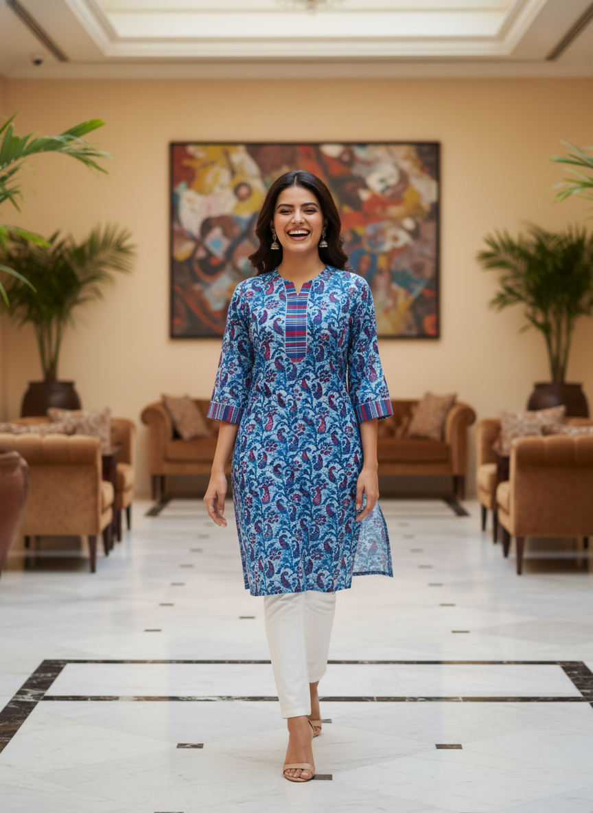 Blue Cotton Paisley Print Straight Kurta