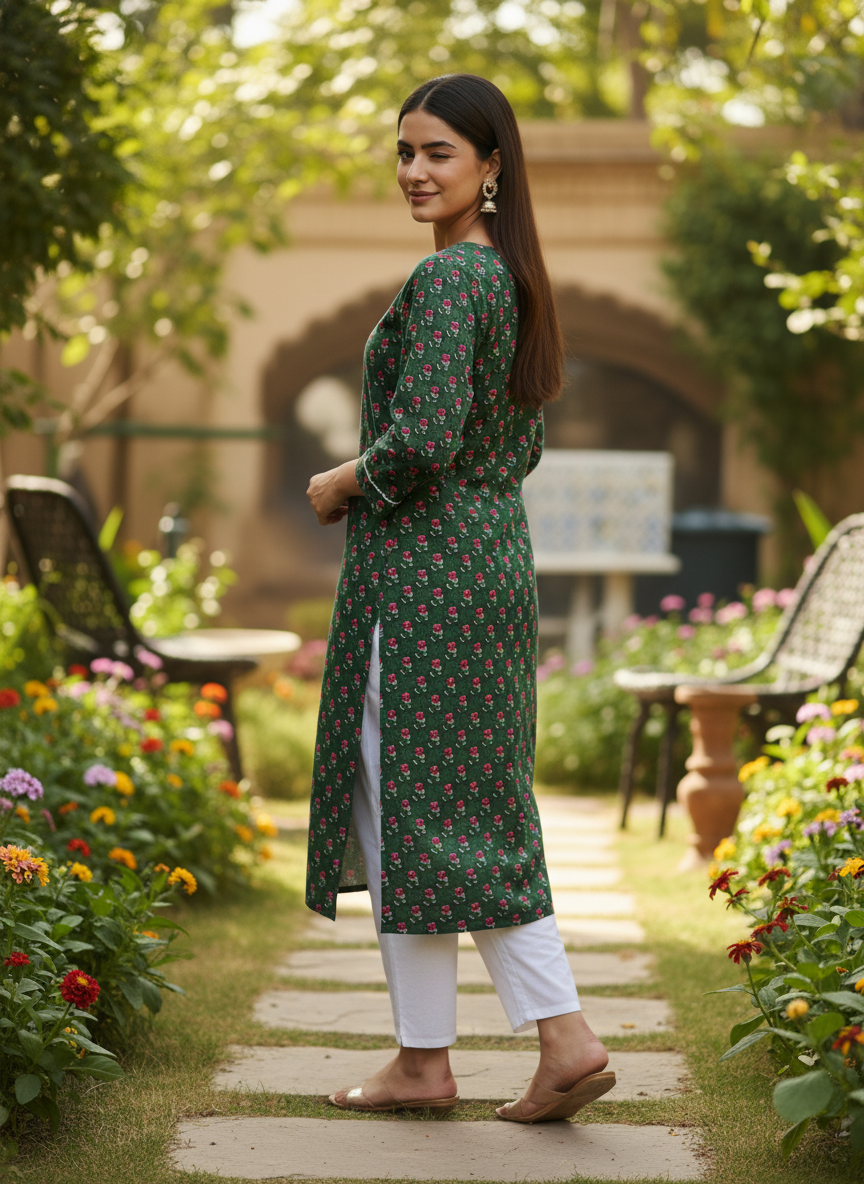 Emerald Green Floral Block Print Cotton Kurta