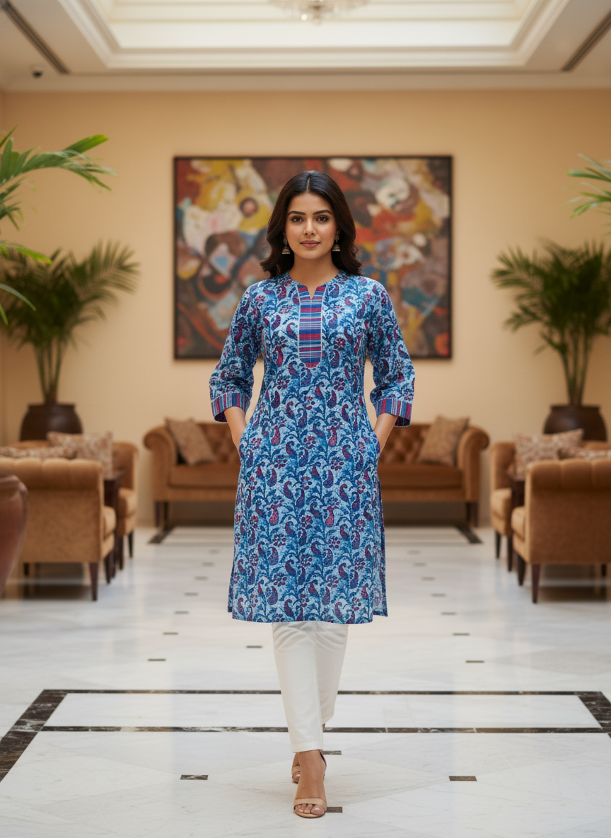 Blue Cotton Paisley Print Straight Kurta