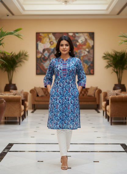 Blue Cotton Paisley Print Straight Kurta