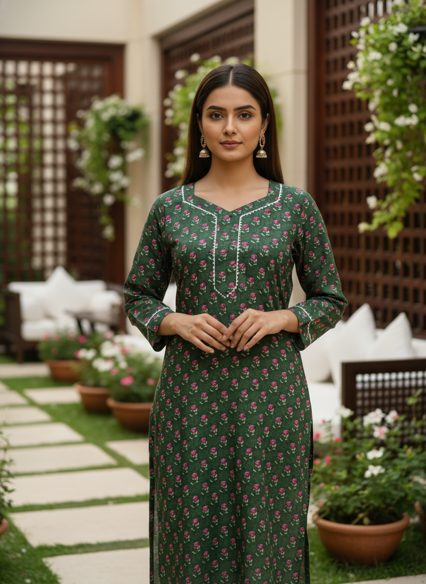 Emerald Green Floral Block Print Cotton Kurta