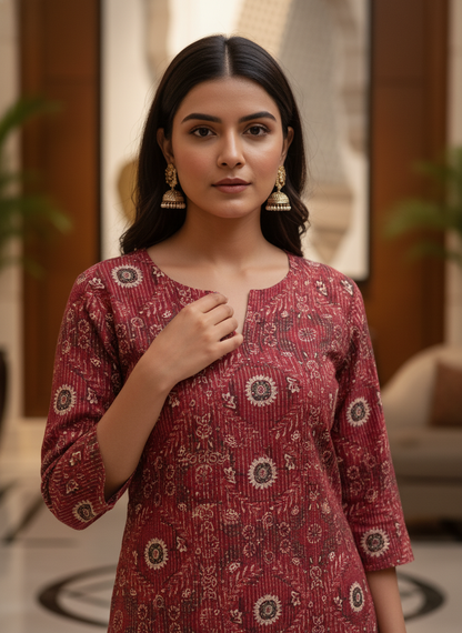 Crimson Cotton Ikat Print Straight Kurta